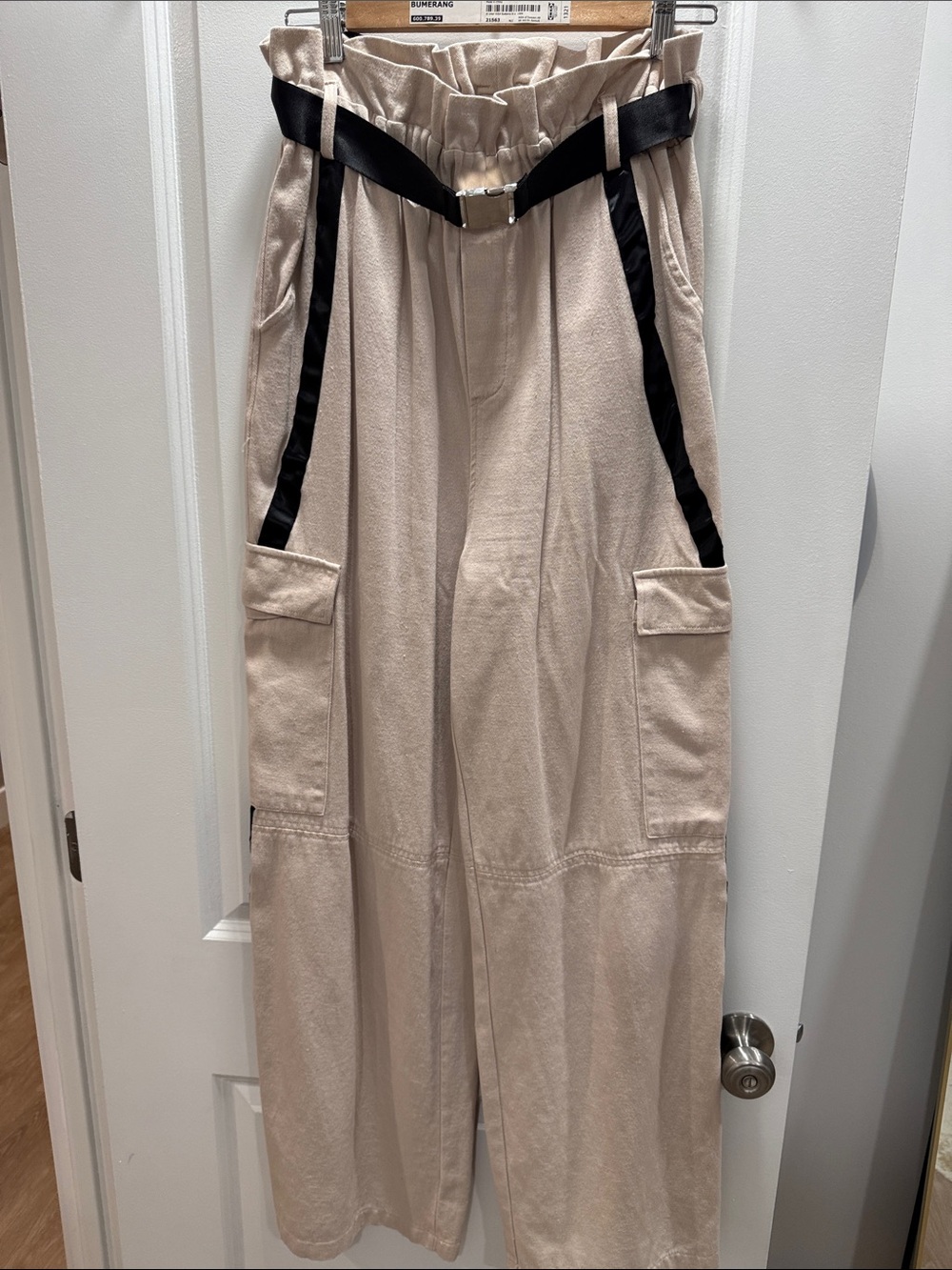 Wide-Leg Paperbag Cargo Pants with Black Webbing Belt - Beige